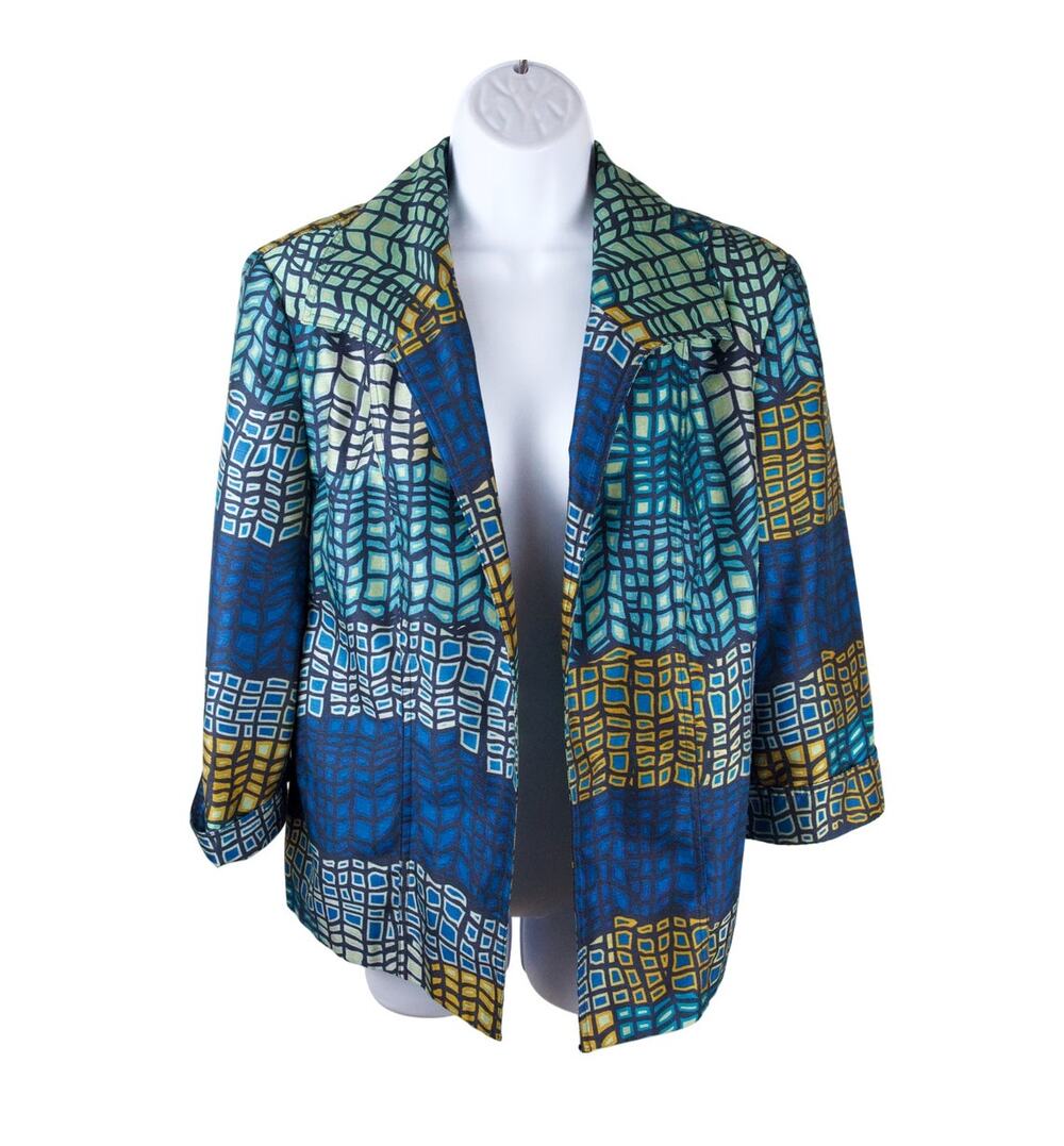 Investments Geometric Print Open Front Jacket Blue Green Size 12